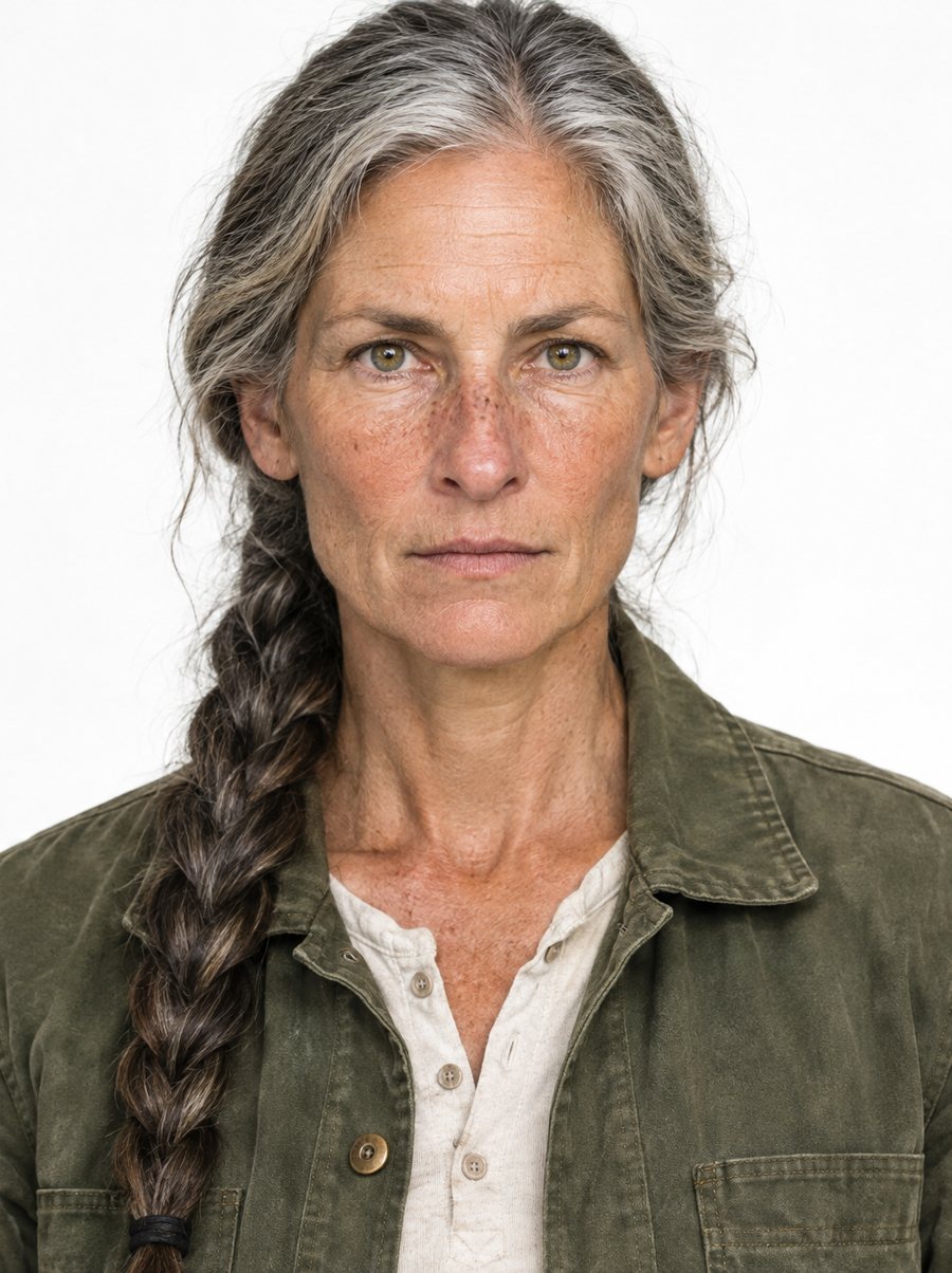 June Hollister, a homesteader with a long silver-gray braid and freckles, wearing an olive canvas chore jacket